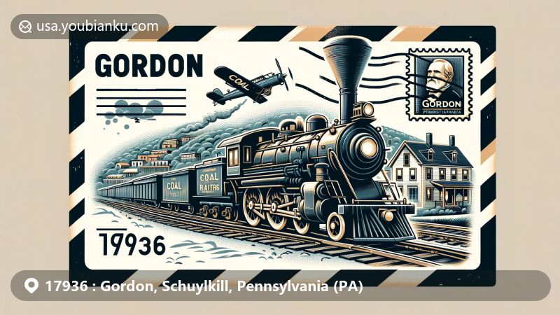 Vintage illustration of Gordon, Pennsylvania, depicting old-fashioned airmail envelope with steam locomotive, railway tracks, and postal elements, celebrating the town's railway and coal history.