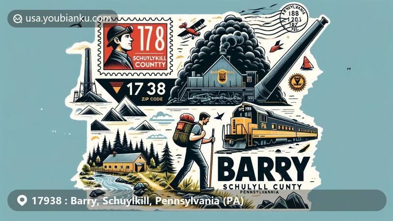 Modern illustration of Barry, Schuylkill County, Pennsylvania, featuring coal mining history, outdoor activities like hiking at Hawk Mountain Sanctuary, vintage airmail envelope, Pennsylvania state flag stamp, and postal mark with ZIP code 17938. Subtle outline of Schuylkill County in the background.