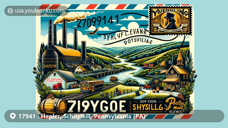 Modern illustration of Hepler, Schuylkill County, Pennsylvania, capturing natural landscapes, outdoor activities, anthracite coal mining history, and Yuengling Brewery in Pottsville as a symbol of local pride, with a nod to the Appalachian Trail. Featuring postal elements like a postage stamp, postmark with ZIP code 17941, and air mail envelope outline.