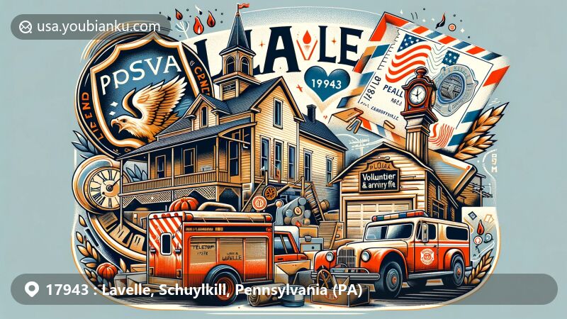 Modern illustration of Lavelle area, Schuylkill County, Pennsylvania (PA), blending historical elements of Lavelle Telegraph and Telephone Company with modern postal features, including wooden homes, a volunteer fire company truck, postcard, stamps, mailbox, and postal carrier bag.