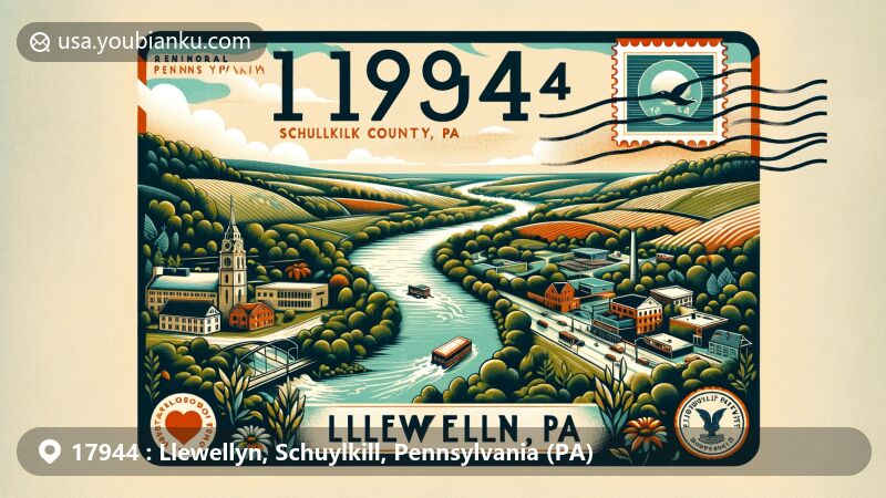 Modern illustration of Llewellyn, Schuylkill County, Pennsylvania, inspired by ZIP Code 17944, featuring the scenic West Branch of the Schuylkill River and vintage postal elements like stamps and postmarks.