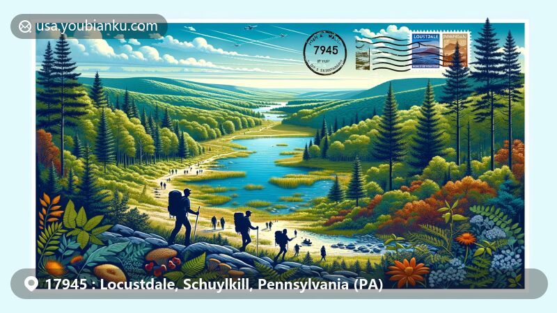 Modern illustration of Locustdale, Schuylkill County, Pennsylvania, featuring natural beauty and outdoor activities in a postcard design with hiking and nature themes.