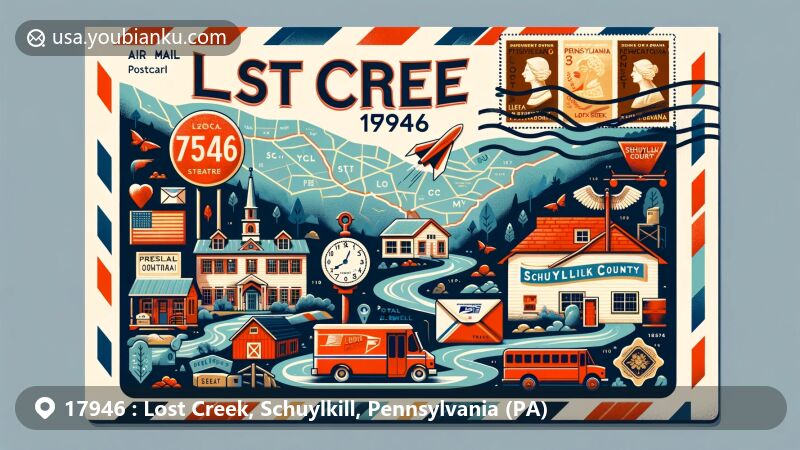 Modern illustration of Lost Creek, Schuylkill County, Pennsylvania, featuring creative postal theme with ZIP code 17946 and vibrant colors.