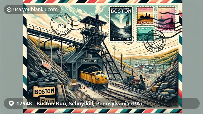 Modern illustration of Boston Run area, Schuylkill County, Pennsylvania, merging coal mining history with Mahanoy Creek's natural landscape. Depicts coal mine entrance with coal-filled carts, airmail envelope with ZIP Code 17948, stamps featuring creek and mine silhouette, in a vibrant, detailed style.