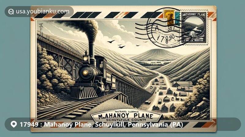 Modern illustration of Mahanoy Plane, Schuylkill, Pennsylvania, ZIP code 17949, depicting historic railroad incline and coal mining heritage with Anthracite Coal Region elements.