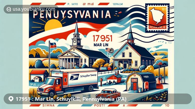 Modern illustration of Mar Lin, Schuylkill County, Pennsylvania, showcasing postal theme with ZIP code 17951, featuring state flag, landmarks, and symbols like Norwegian Township Municipal Building and rural landscape.