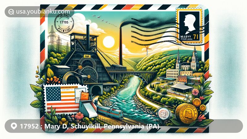 Modern illustration of the Mary D area in Schuylkill County, Pennsylvania, featuring vintage postcard style with Pennsylvania state flag, coal town heritage, Schuylkill River, and postal symbols like stamps and ZIP Code '17952'.