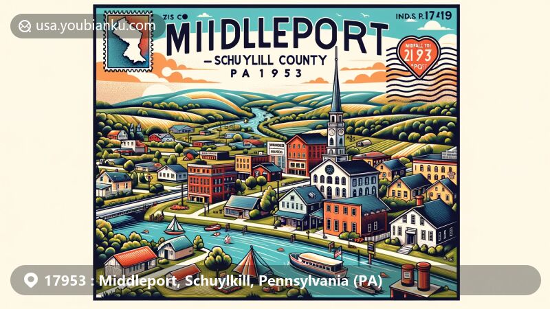 Modern illustration of Middleport, PA, Schuylkill County, showcasing postal theme with ZIP code 17953, featuring key landmarks like Union Street and War Memorial Park, and incorporating Susquehanna Valley's rural character.