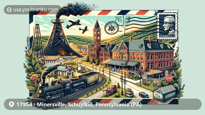 Creative illustration of Minersville, Pennsylvania, showcasing rich anthracite coal mining heritage and historical landmarks, featuring Minersville Train Station, vintage air mail elements, and postal symbols like Pennsylvania state flag, postmark 