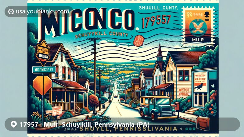 Modern illustration of Muir, Schuylkill County, Pennsylvania, showcasing Wiconisco Avenue with a postcard design, mixing small-town charm and Pennsylvania landscapes, featuring postal elements like vintage postcard layout, state flag postage stamp, 'Muir, PA 17957' postmark, and classic mail delivery vehicle.