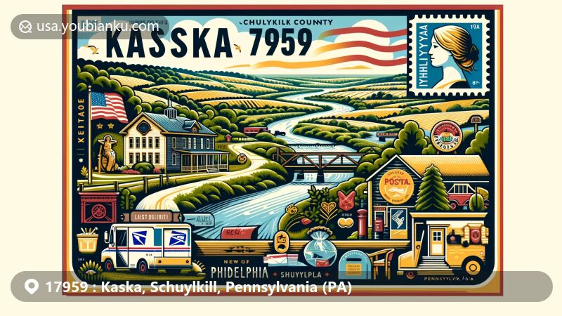Modern illustration of the Kaska area in Schuylkill County, Pennsylvania, blending local characteristics and postal themes, featuring landscape with streams, valleys, New Philadelphia Post Office, and a tribute to Lithuanian heritage.