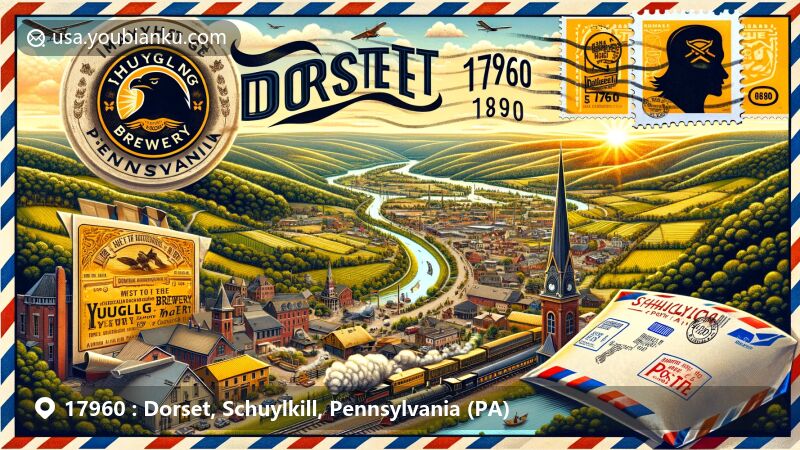 Modern illustration of Dorset, Schuylkill County, Pennsylvania, showcasing postal theme with ZIP code 17960, featuring Schuylkill County's natural landscapes and postal elements like a vintage airmail envelope with a Yuengling Brewery stamp.