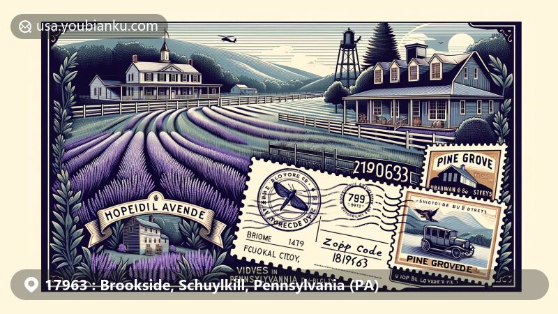 Modern illustration of Brookside, Schuylkill County, Pennsylvania, highlighting Hope Hill Lavender Farm and Pine Grove Historic District, blending agricultural richness and architectural heritage. Featuring lush landscapes and postal elements with ZIP code 17963.