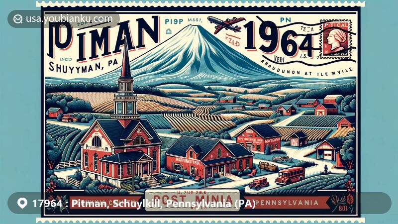 Modern illustration of Pitman, Schuylkill County, Pennsylvania, with ZIP code 17964, depicting agricultural landscape against Mahantango Mountain and Line Mountain, featuring St. James Lutheran Church and Mahantongo Fire Co. building.