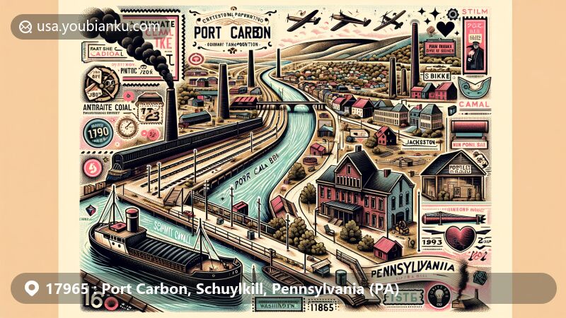 Creative illustration of Port Carbon, Pennsylvania, featuring the Schuylkill Canal and postal elements, showcasing the region's history of coal transport, early settlement, sawmills, and pioneer spirit, with a vintage airmail envelope, stamps, and postmark with ZIP code 17965.
