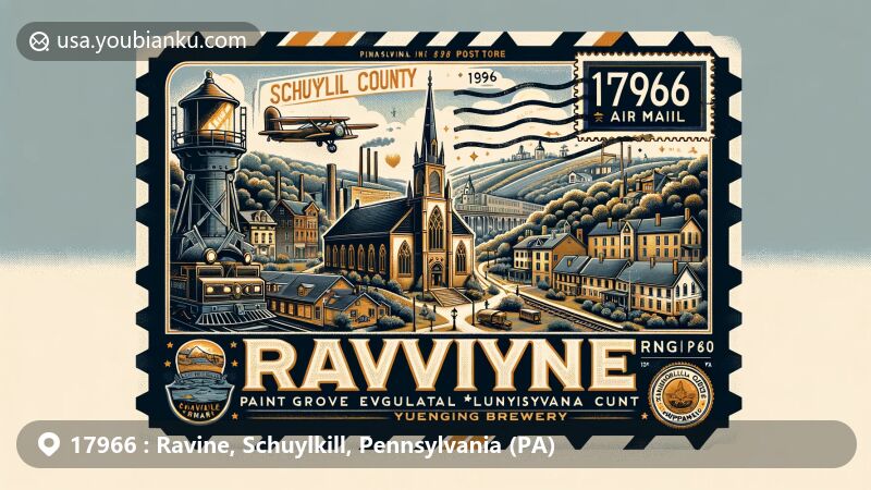 Modern illustration of Ravine, Schuylkill County, Pennsylvania, showcasing postal theme with ZIP code 17966, featuring Pine Grove Historic District, coal mining heritage, Yuengling Brewery, and Pennsylvania state symbols.