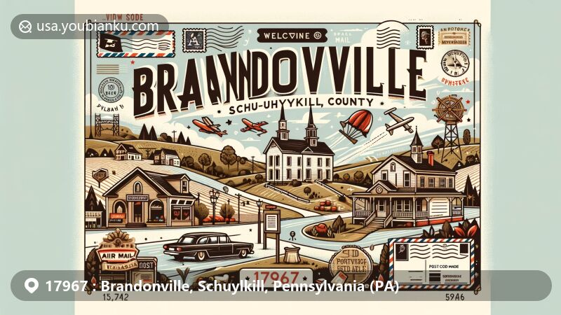 Modern illustration of Brandonville, Schuylkill County, Pennsylvania, featuring postal theme with vintage postcard design, air mail envelope, postage stamp, and ZIP code 17967.