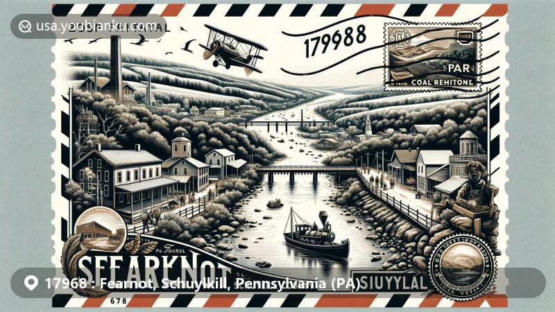 Modern illustration of Fearnot, Schuylkill County, Pennsylvania, highlighting natural landscapes, state park, and coal mining heritage. Features postal theme with ZIP code 17968, incorporating stamps, postmark, and vintage elements.