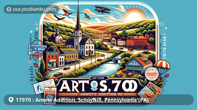 Modern illustration of Arnots Addition, Schuylkill County, Pennsylvania, highlighting Saint Clair, with a blend of local charm and postal elements like vintage mail, stamps, and postmark.