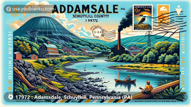 Modern illustration of Adamsdale, Schuylkill County, Pennsylvania, blending coal mining heritage and natural beauty, featuring Hawk Mountain Sanctuary and postal motifs.