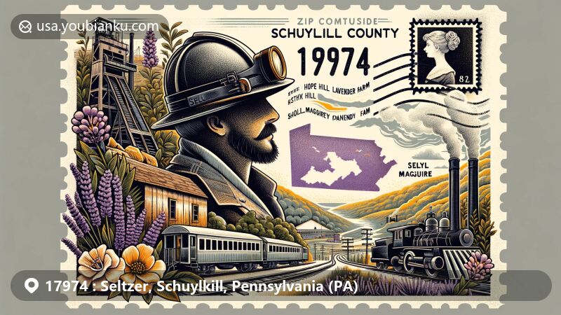 Modern illustration of Seltzer, Schuylkill County, Pennsylvania, featuring coal mining history, Molly Maguires, and local lavender from Hope Hill Lavender Farm.
