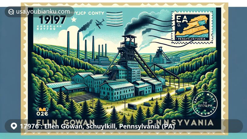 Modern illustration of Ellen Gowan, Schuylkill County, Pennsylvania, showcasing coal mining history with abandoned colliery building, lush woodlands, modern mining operations, Schuylkill County outline, and Pennsylvania state flag.