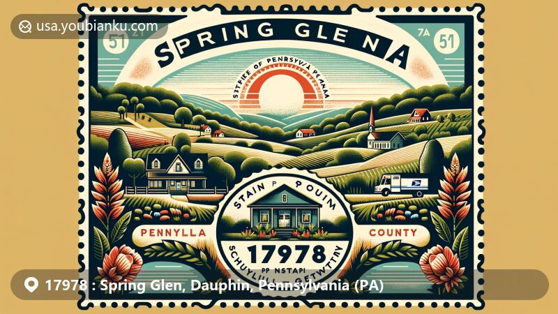 Modern illustration of Spring Glen, Pennsylvania, showcasing postal theme with ZIP code 17978, capturing natural beauty and rural charm with rolling hills and lush greenery.
