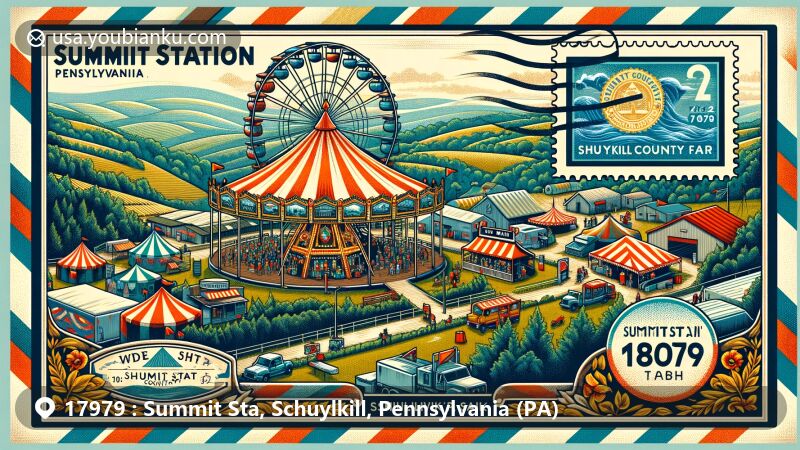 Modern illustration of Summit Station, Schuylkill County, Pennsylvania, featuring Schuylkill County Fair and agricultural heritage, with fairground scene, Ferris wheel, and postal elements like ZIP code 17979.