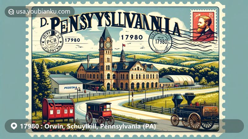Modern illustration of Orwin, Schuylkill County, Pennsylvania (PA), capturing the rural charm with rolling hills and forests, featuring D.G. Yuengling and Son Brewing Complex as a prominent landmark, blending natural beauty with postal elements in a vintage postcard style showcasing '17980' and 'Orwin, PA'. Includes stamps, postmarks, and classic red mailbox or antique mail truck in the foreground, symbolizing communication and community connection.
