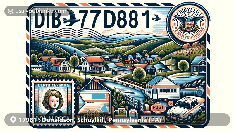 Modern illustration of Donaldson, Schuylkill County, Pennsylvania, depicting regional characteristics and postal theme with ZIP code 17981, featuring rolling hills, typical houses, local vegetation, vintage air mail envelope, and Pennsylvania state symbol.