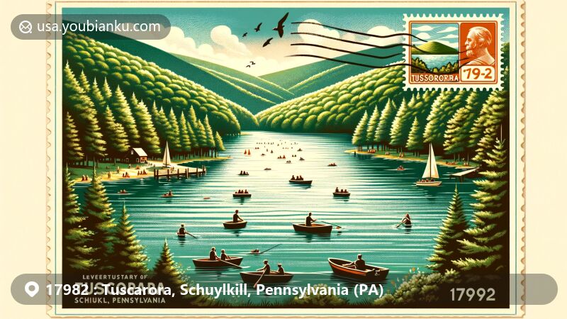Modern illustration of Tuscarora area in Schuylkill County, Pennsylvania, showcasing Tuscarora Lake and Locust Mountain, with boating, fishing, and swimming activities against a backdrop of lush forests and wildlife of Tuscarora State Forest.