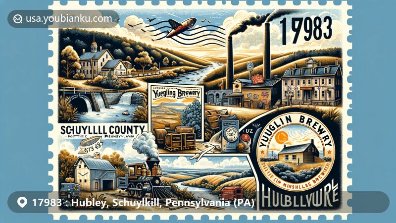 Modern illustration of Hubley, Schuylkill County, Pennsylvania, featuring ZIP code 17983, showcasing natural beauty, coal mining heritage, Irish influence, Yuengling Brewery, and postal theme with postcard design.