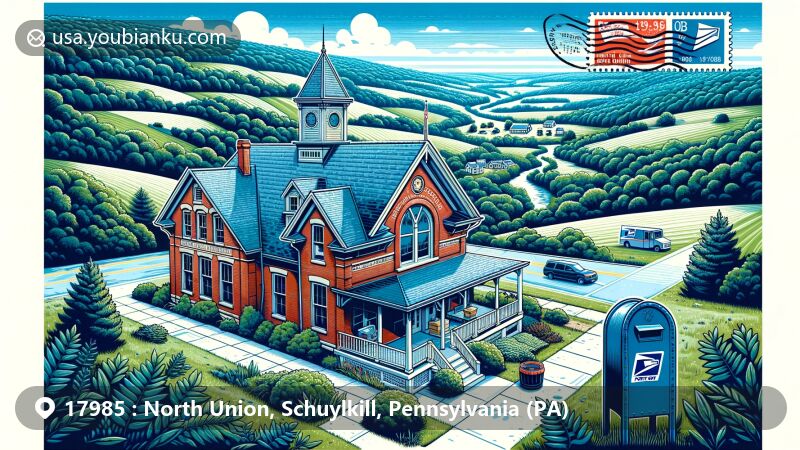 Modern illustration of Zion Grove, North Union, Schuylkill County, Pennsylvania, featuring picturesque rural landscape with a traditional post office, symbolizing the area's postal history and connection since 1868.