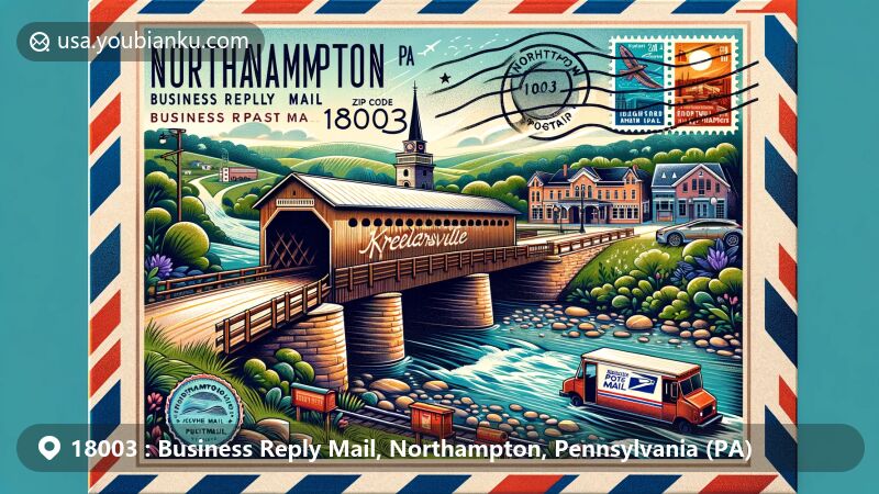 Modern illustration of Business Reply Mail in Northampton, Pennsylvania, showcasing Kreidersville Covered Bridge, Roxy Theatre, and Ironton Rail Trail within an airmail envelope border, vintage stamps, and postmark.
