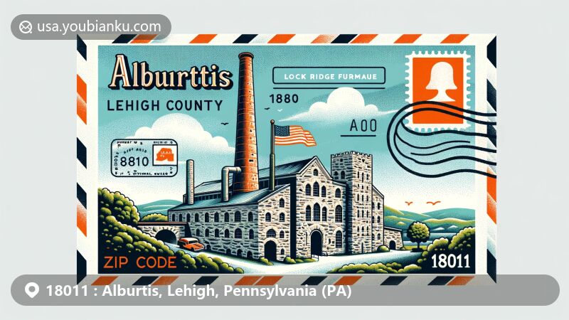 Modern illustration of Alburtis, Lehigh County, Pennsylvania, with postal theme showcasing ZIP code 18011, featuring Lock Ridge Furnace and Pennsylvania state flag.