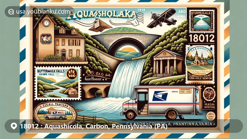 Modern illustration of Aquashicola, Carbon County, Pennsylvania (PA), featuring Buttermilk Falls, Hawk Falls, Turn Hole Tunnel, and Asa Packer Mansion, showcasing postal theme with vintage air mail envelope, postage stamps of landmarks, postal truck, and ZIP code 18012.