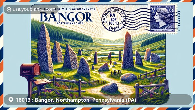 Modern illustration of Columcille Megalith Park in Bangor, Northampton County, Pennsylvania, with Celtic and Scottish inspirations, showcasing outdoor sacred site for meditation. Includes rugged paths, megalithic structures, lush greenery, and postal theme elements like vintage airmail envelope with PA flag stamp, 'Bangor, PA 18013' postmark, and old mailbox integrated into landscape. Art style captures Bangor's cultural and natural heritage, paying tribute to its postal significance. Envelope opening reveals inviting scene of Columcille Park, symbolizing mystery and tranquility, inviting viewers to explore this special place where postal, natural, and cultural themes harmoniously blend into a unified and appealing illustration.