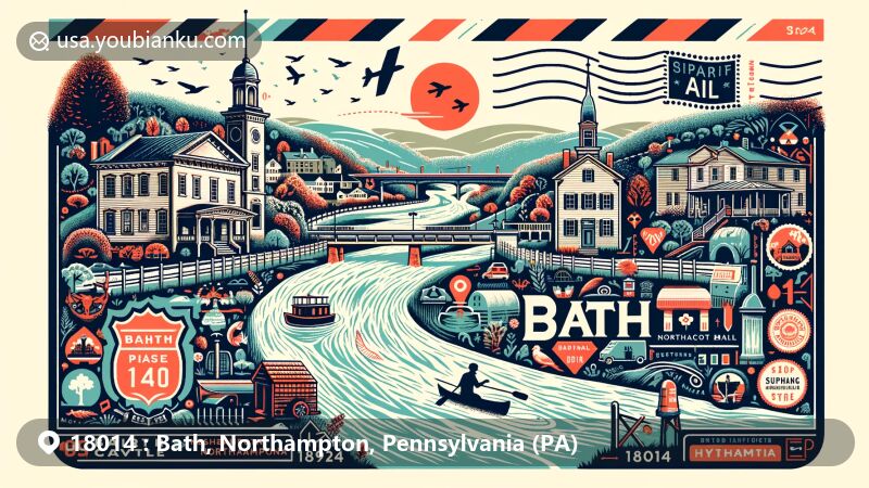 Modern illustration of Bath, Northampton, Pennsylvania, showcasing natural landscapes, historical buildings like Wesselhoeft House and Daniel Steckel House, community activities, and postal theme with ZIP code 18014.