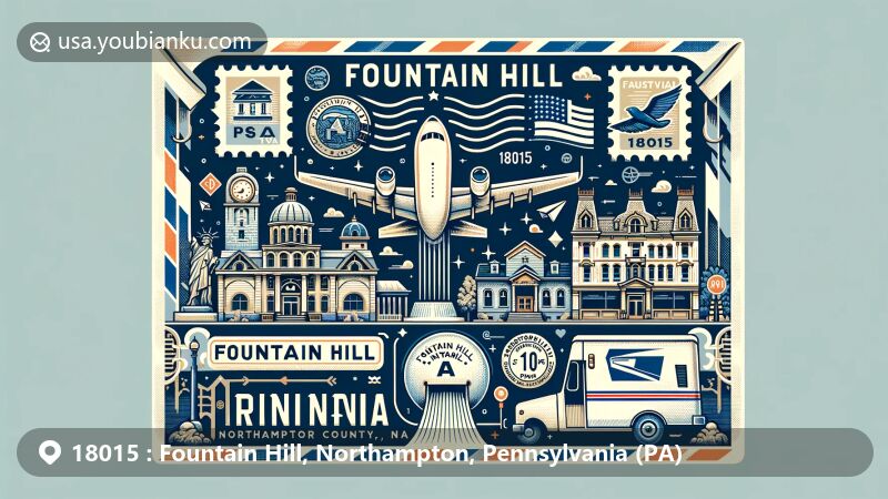 Modern illustration of Fountain Hill, Northampton County, Pennsylvania, blending postal elements with local landmarks, highlighting ZIP code 18015, featuring historical architecture and regional charm.