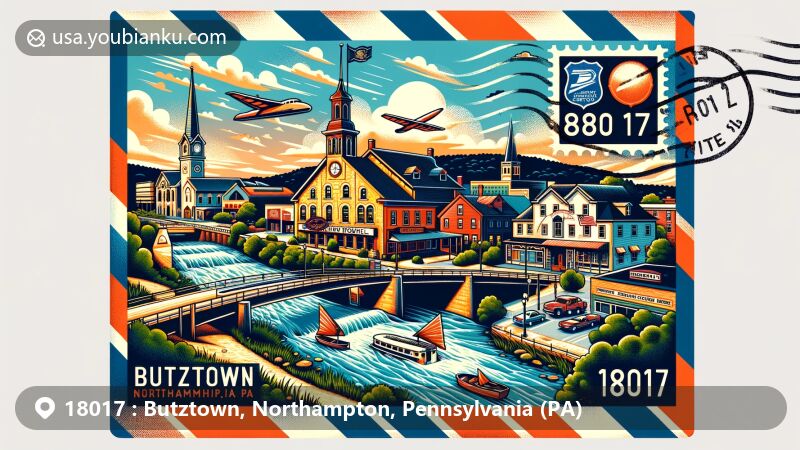 Colorful illustration of Butztown, Northampton, Pennsylvania (PA), capturing Keystone Pub, Nancy Run creek, and Lehigh River, with airmail envelope theme and state flag stamp.