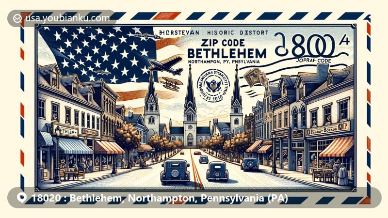 Modern illustration of Bethlehem, Northampton County, Pennsylvania, featuring ZIP code 18020 and elements from the Moravian Historic District, including the Moravian Bookshop and Bethlehem flag.