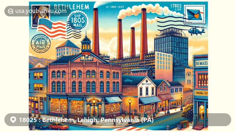 Modern illustration of Bethlehem, Pennsylvania, capturing the essence of the city with Moravian Book Shop, SteelStacks, Historic Hotel Bethlehem, Kemerer Museum of Decorative Arts, and Banana Factory Art Center, all set in a vibrant community. Includes postal elements like an air mail envelope, postage stamps, and ZIP Code 18025.