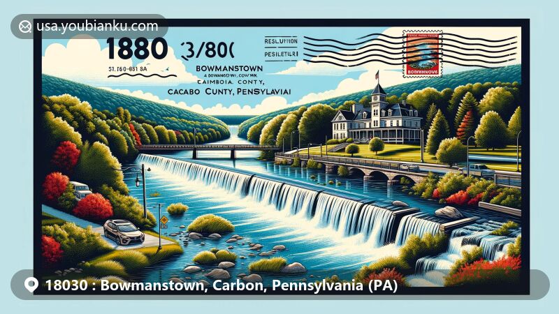 Creative illustration of Bowmanstown, Carbon County, Pennsylvania, capturing the scenic Lehigh River, Buttermilk Falls, and Asa Packer Mansion, blending natural beauty and cultural heritage in a postcard design.