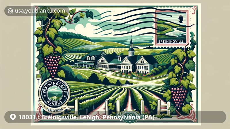 Modern illustration of Breinigsville, Pennsylvania, ZIP code 18031, capturing suburban tranquility and wine culture in Lehigh County, featuring a winery reminiscent of Vynecrest Winery against picturesque green hills.