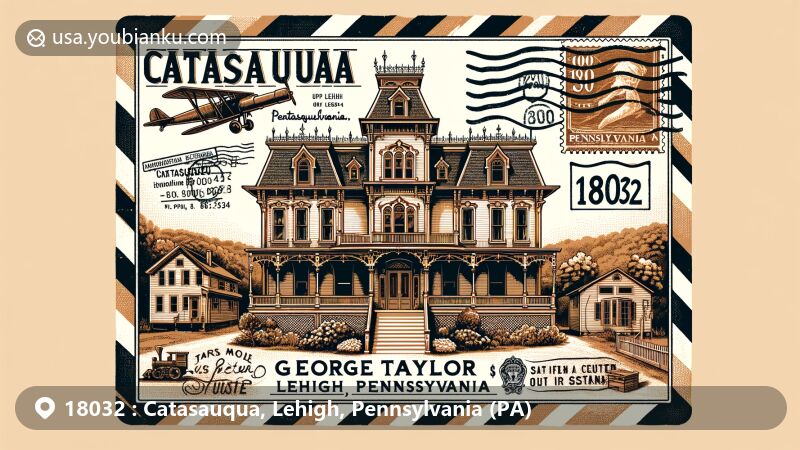 Vintage-style illustration of Catasauqua, Lehigh County, Pennsylvania, showcasing George Taylor House, Victorian homes, and industrial revolution references.
