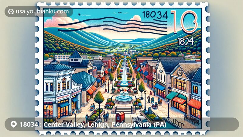 Modern illustration of Center Valley, Lehigh, Pennsylvania, showcasing The Promenade Shops at Saucon Valley with unique stores and restaurants against a mountainous backdrop. Features a stylized postage stamp with ZIP code 18034, postal elements, DeSales University, Penn State Lehigh Valley, vineyards, and golf courses.