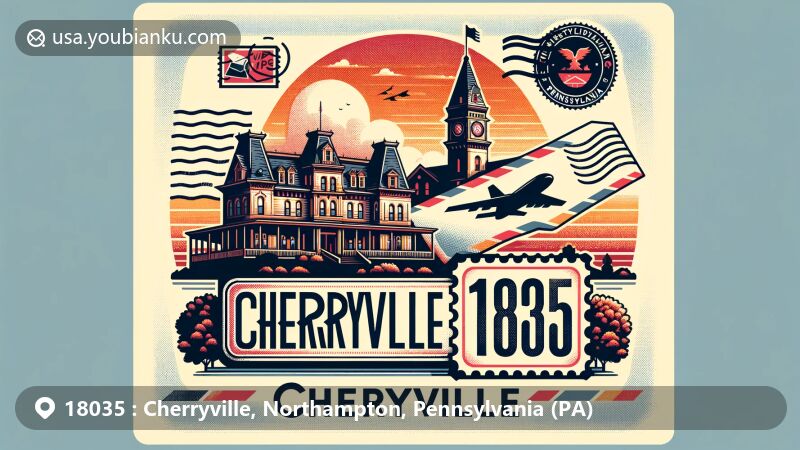 Creative illustration of Cherryville, Northampton County, Pennsylvania, blending regional landmarks with postal elements, featuring historic Cherryville Hotel silhouette, airmail envelope with ZIP Code 18035, and postage stamp.