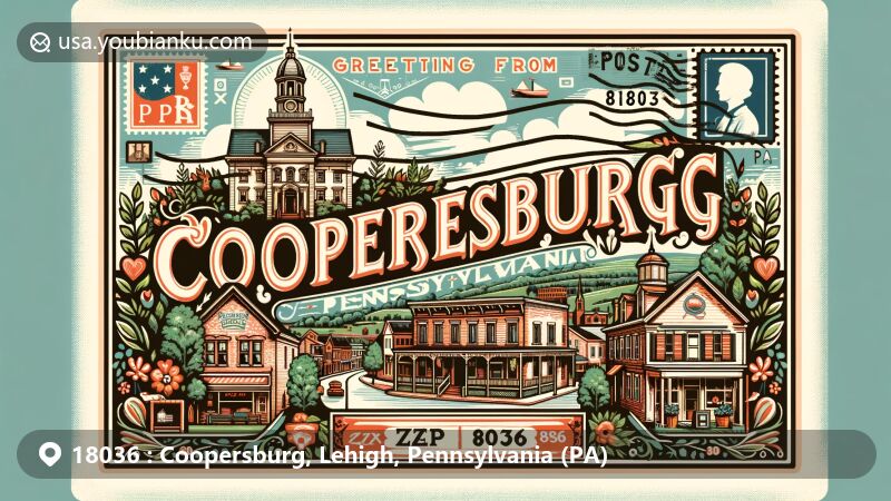 Vintage-style postcard illustration of Coopersburg, Pennsylvania, with Coopersburg Historic District, local flora, and elements of Pennsylvania state flag, featuring classic postal design with 'Greetings from Coopersburg, PA, 18036' text.