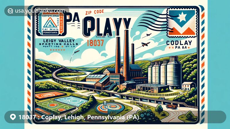 Modern illustration of Coplay, Lehigh County, Pennsylvania, with ZIP code 18037, featuring Lehigh Valley Sporting Clays and Coplay Cement Company Kilns.