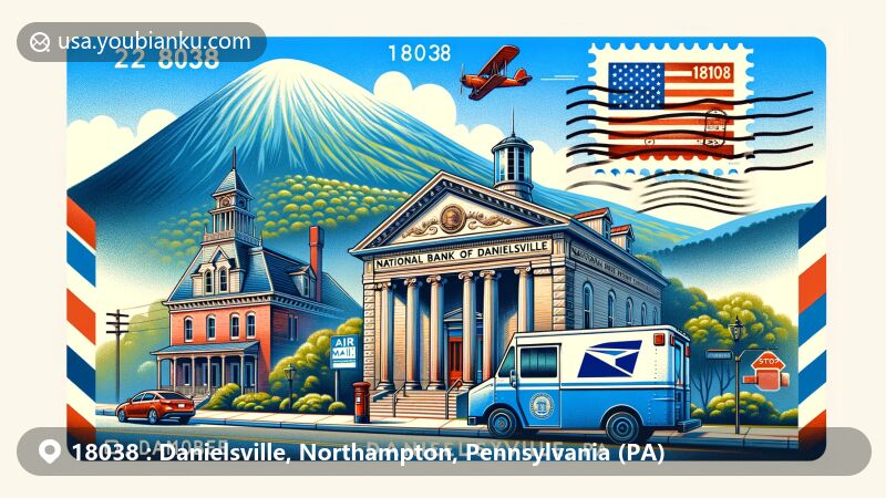 Modern illustration of Danielsville, Northampton, Pennsylvania, showcasing Blue Mountain scenery and the National Bank of Danielsville building, designed in the style of an airmail envelope with ZIP code 18038 and classic postal elements.